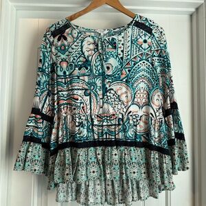 Crown & Ivy Teal and Black Patterned Blouse